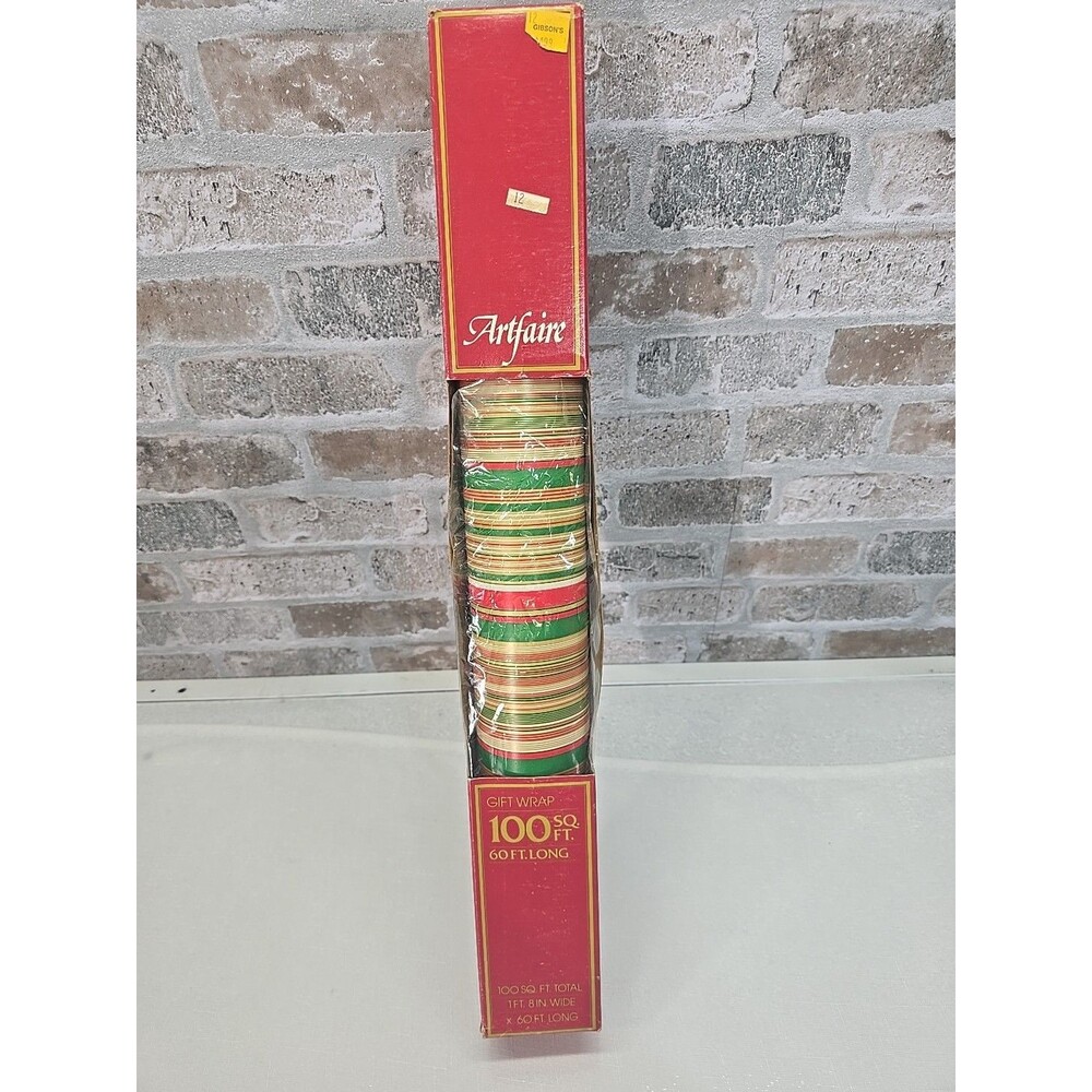 Vtg Artfaire  Christmas Wrapping Paper Gift Wrap STRIPED RED GREEN GOLD
